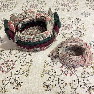 Handmade Braided Rag Nesting Baskets Floral Fabric And Bows